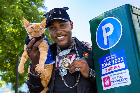 Moshow the Cat Rapper and Ravioli in a still from the Parking Kitty spot | © Matt Giraud Photography