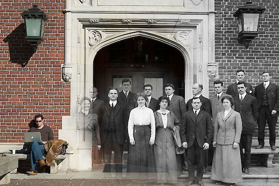 Yesterday and today photo merge: Reed College's first faculty in front of what is now Eliot Hall, in 1914. | © Matt Giraud Photography